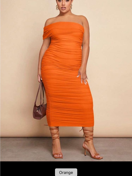 SHEIN Dresses & Skirts - SHEIN Orange One-Shoulder Ruched Midi Dress